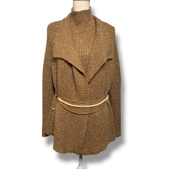 Ralph Lauren Gold Draped Open Front Cardigan Mock Neck Tank Belted Sz XL Gold - Picture 1 of 16